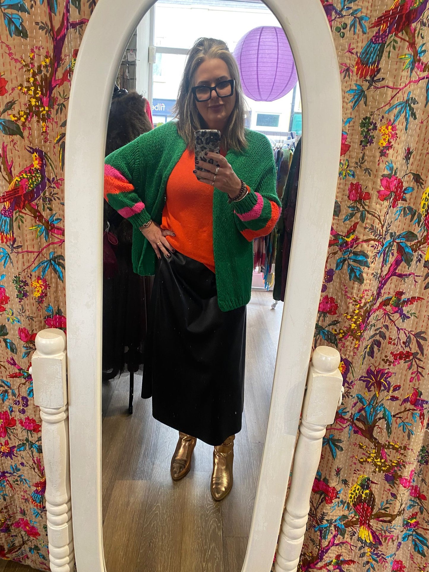 Kelly Green Chunky Knit Cardigan With Multi Stripe Cuffs