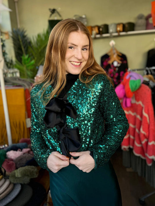 Ellie Green Sequin Short Jacket With Large Black Bow Ties