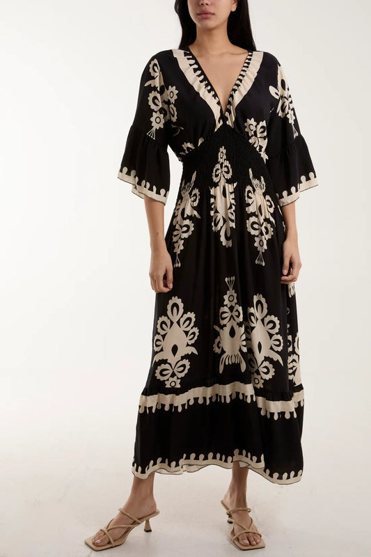 Harriet Baroque Print Shirred Waist Midaxi Dress - 3 Colours