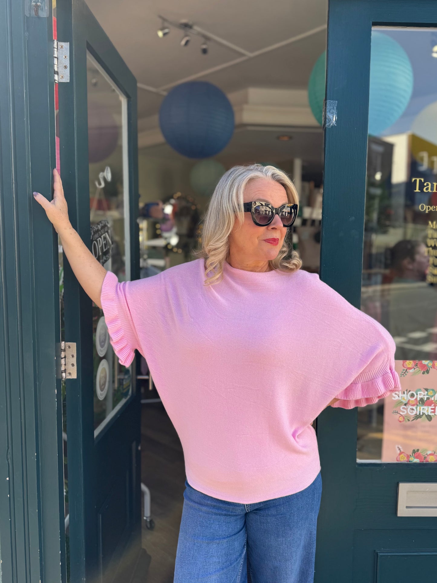 Frill Cuff Batwing Sleeve Jumper pink 