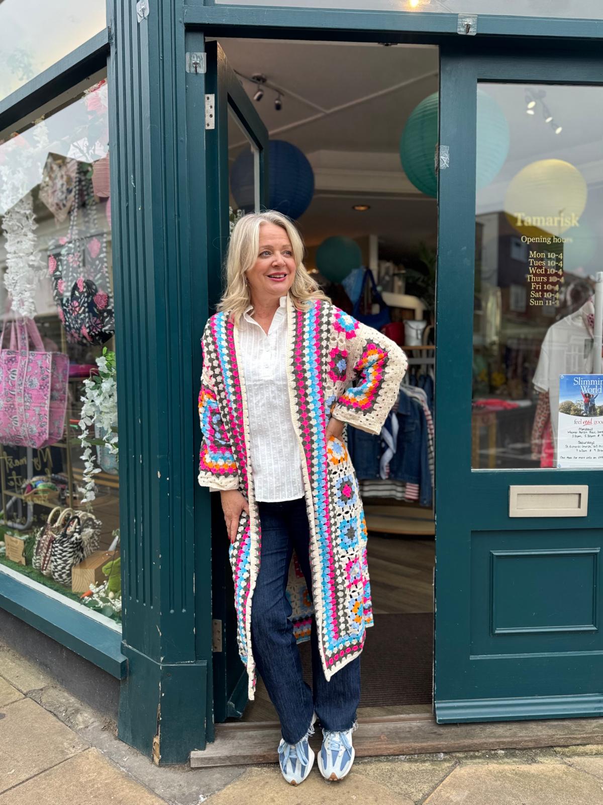 Ashley Boho Crochet Long Kimono  Cardigan- Multicoloured