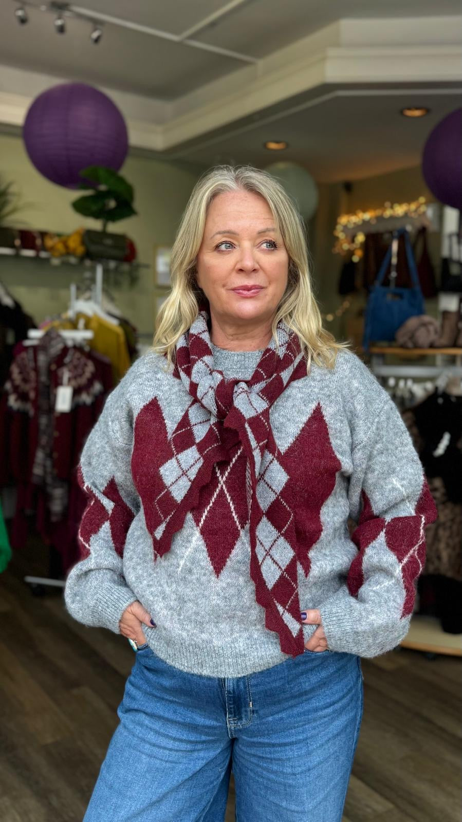 Jordan Grey & Burgundy Argyl Jumper