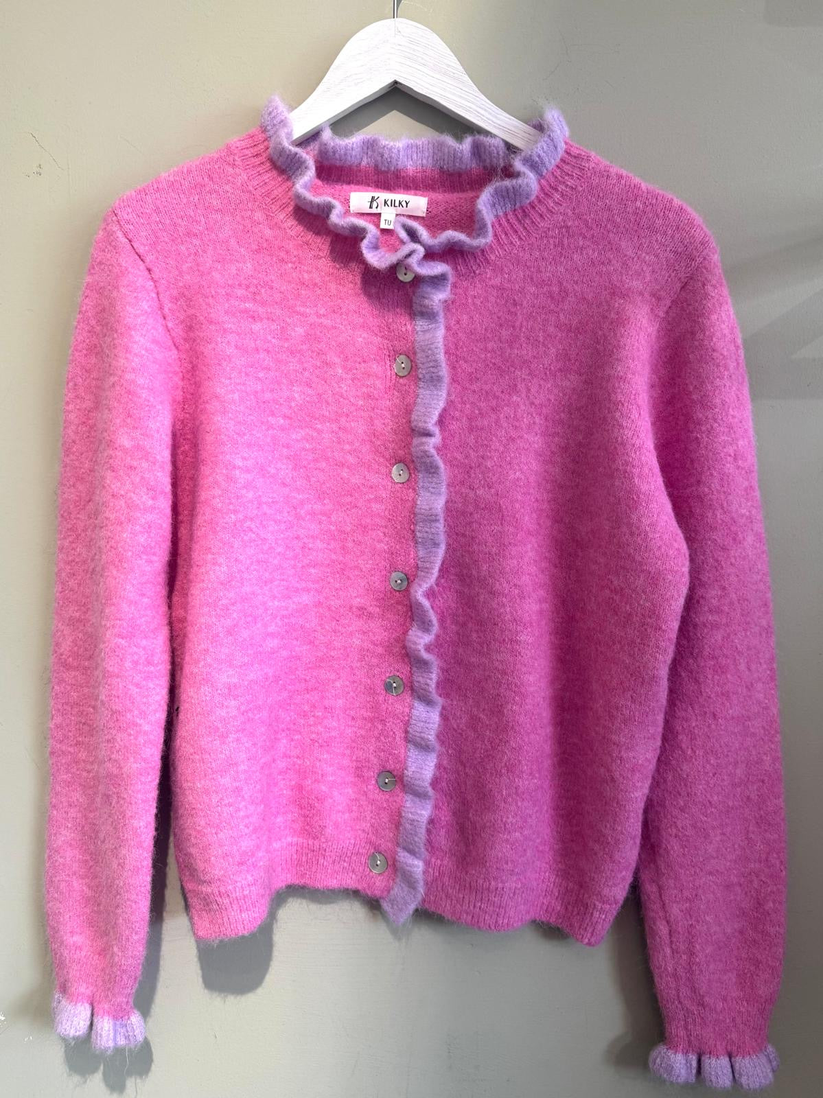 Amelia Piecrust Collar Ruffle Trim Wool Blend Cardigan - Rose Pink & Lilac