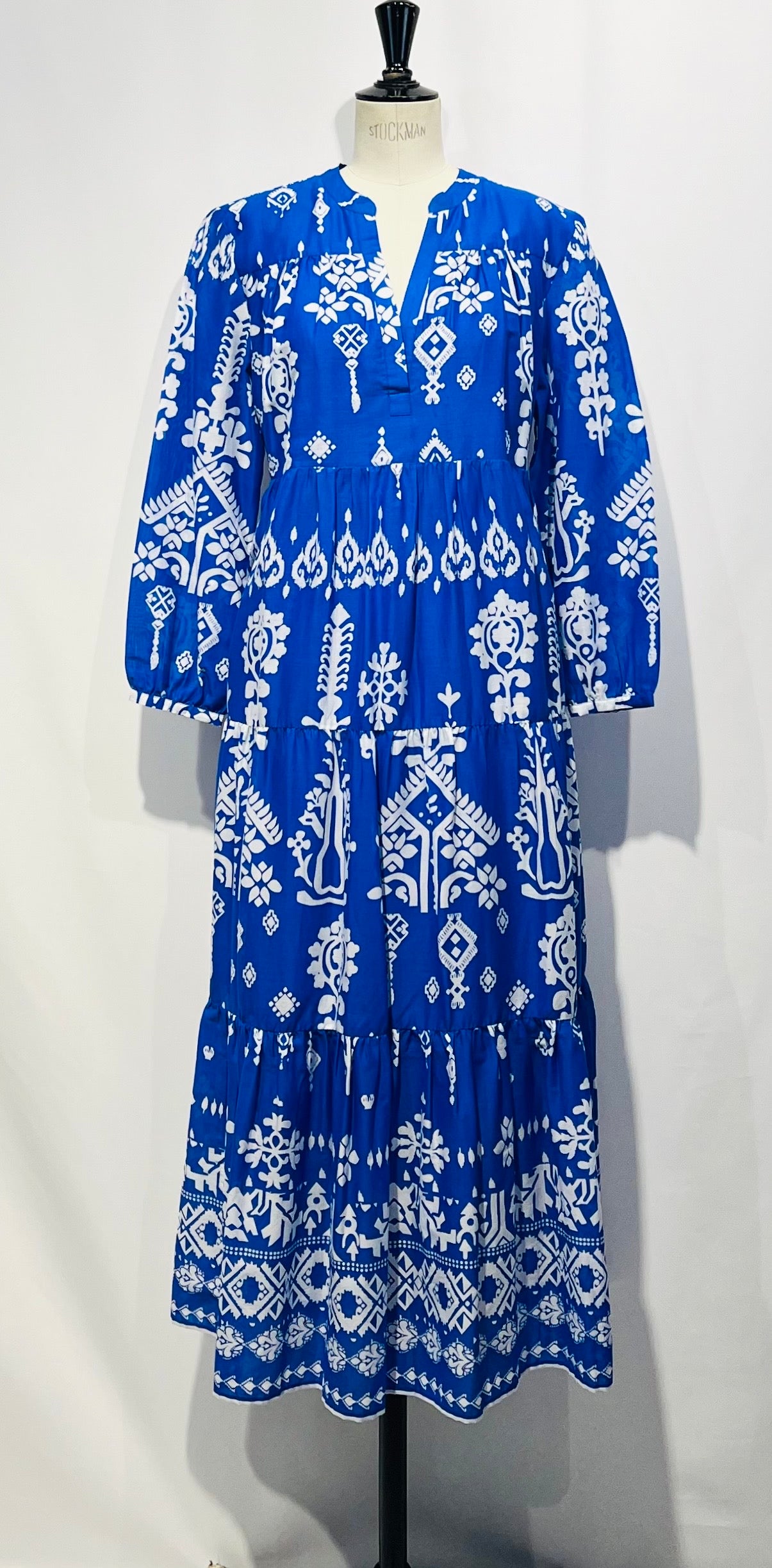 Tamsin Cotton Lawn Tiered Loose Maxi Dress - Cobalt Blue & White Paisley