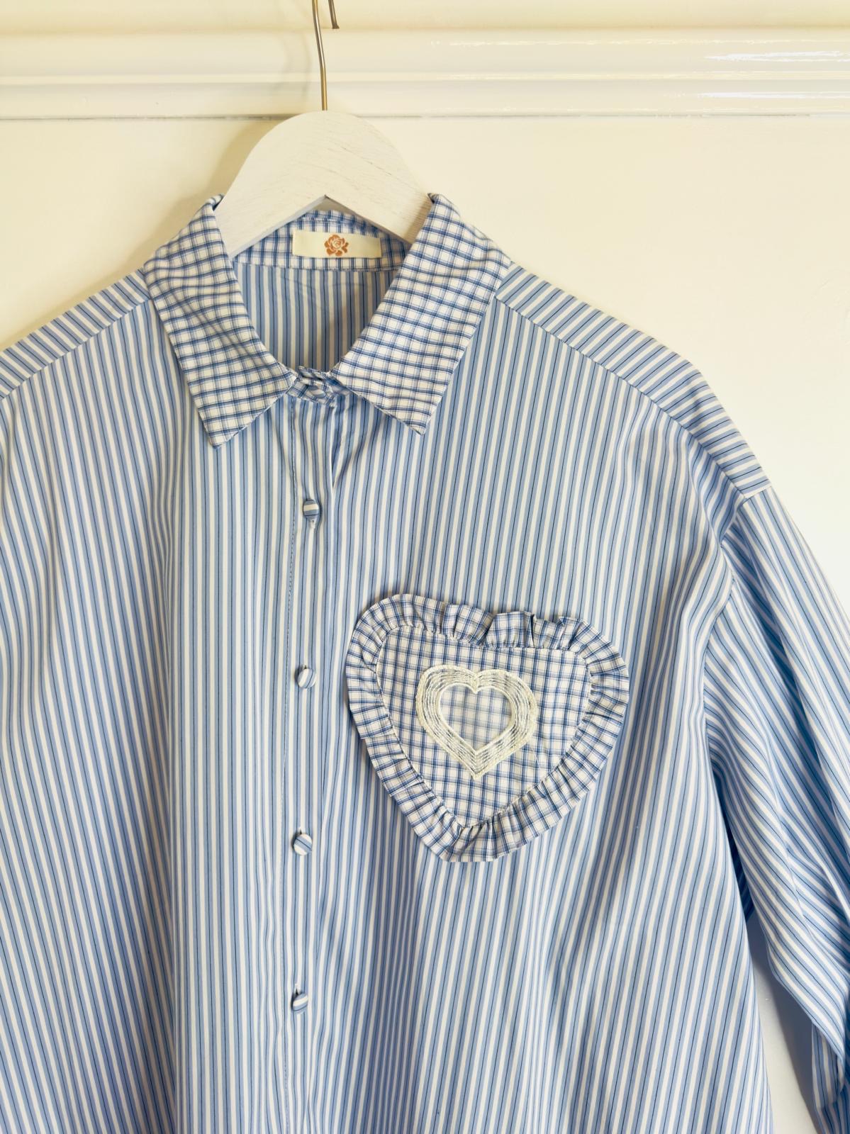 Lily Heart Appliqué Blue Striped Oversized Cotton Shirt