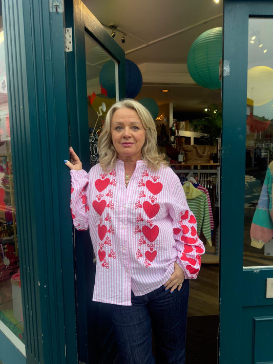 Harriet Pink & White Striped Cotton Seersucker Blouse With Red Folksy Heart Embroidery