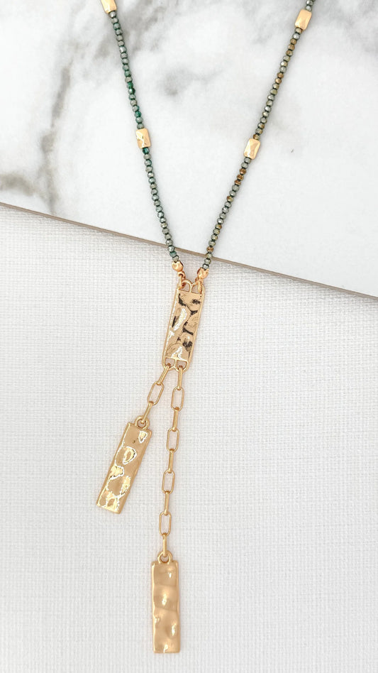 Envy Jewellery Long Beaded Necklace With Hammered Gold Pendants