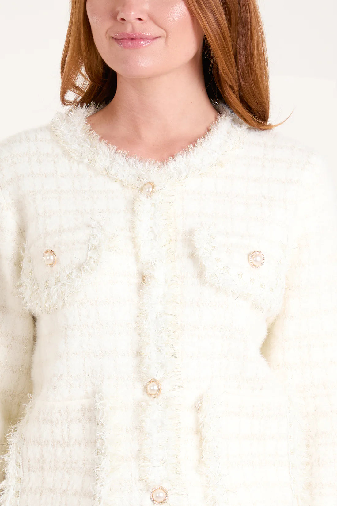 Coco Boucle Frayed Edge Pearl Button Trim Round Neck Knitted Jacket - Pastel Pink Or Cream