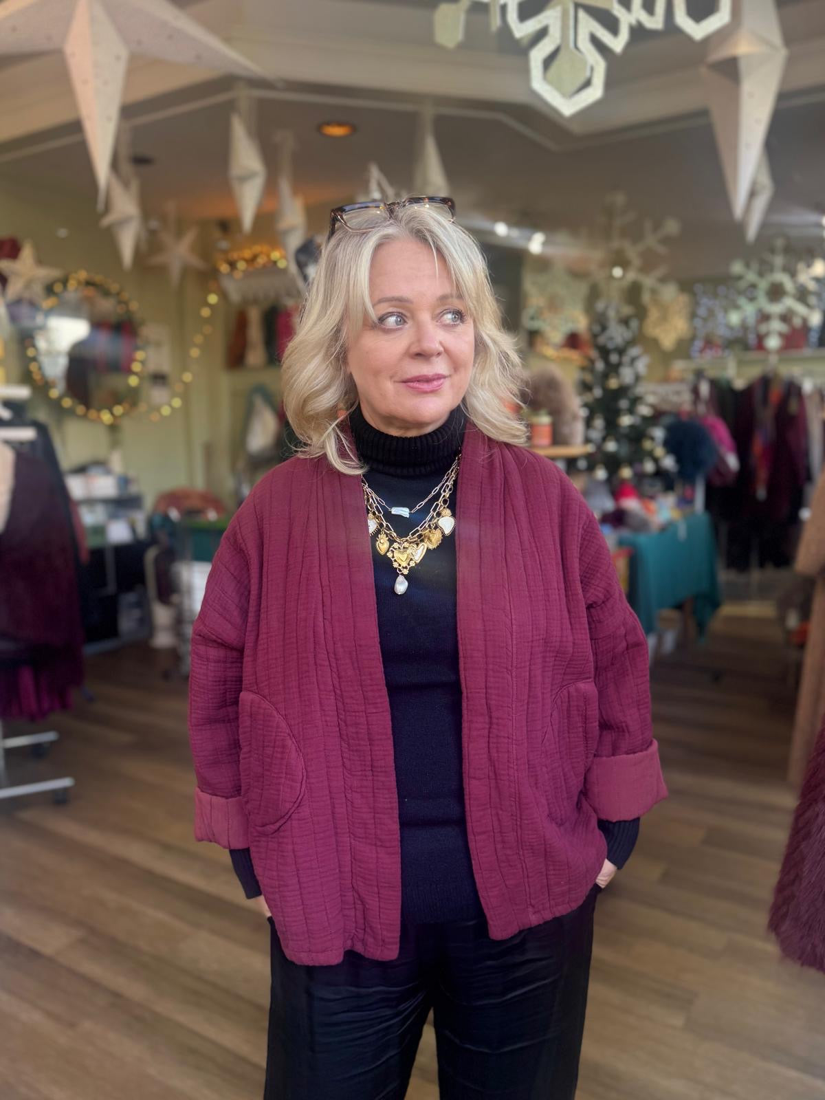 Cora Short Quilted Cotton Kimono Jacket - Chocolate Brown, Burgundy, Black, Khaki Or Teal