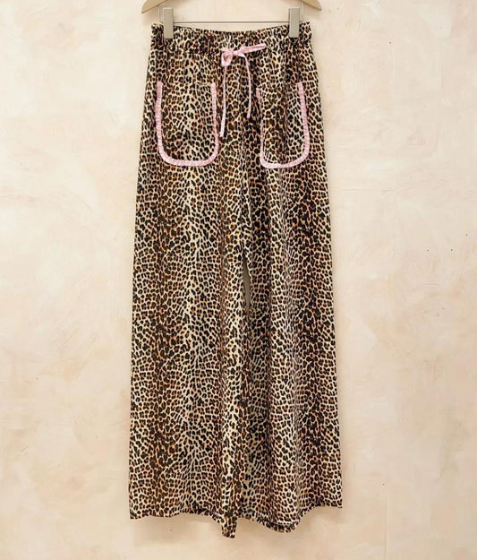 Serena Floaty Wide Legged Leopard Print Trousers With Pink Gingham Trim Pockets
