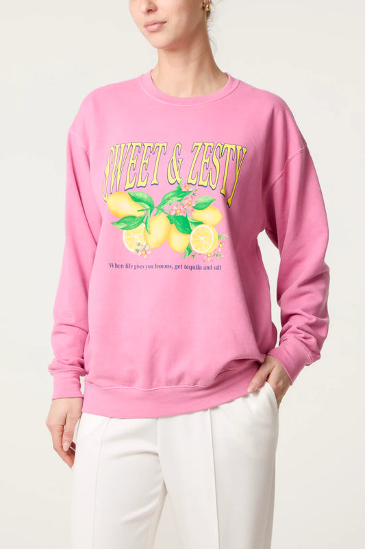 Sweet & Zesty Lemon Graphic Sweatshirt - Faded Denim Blue Or Soft Pink