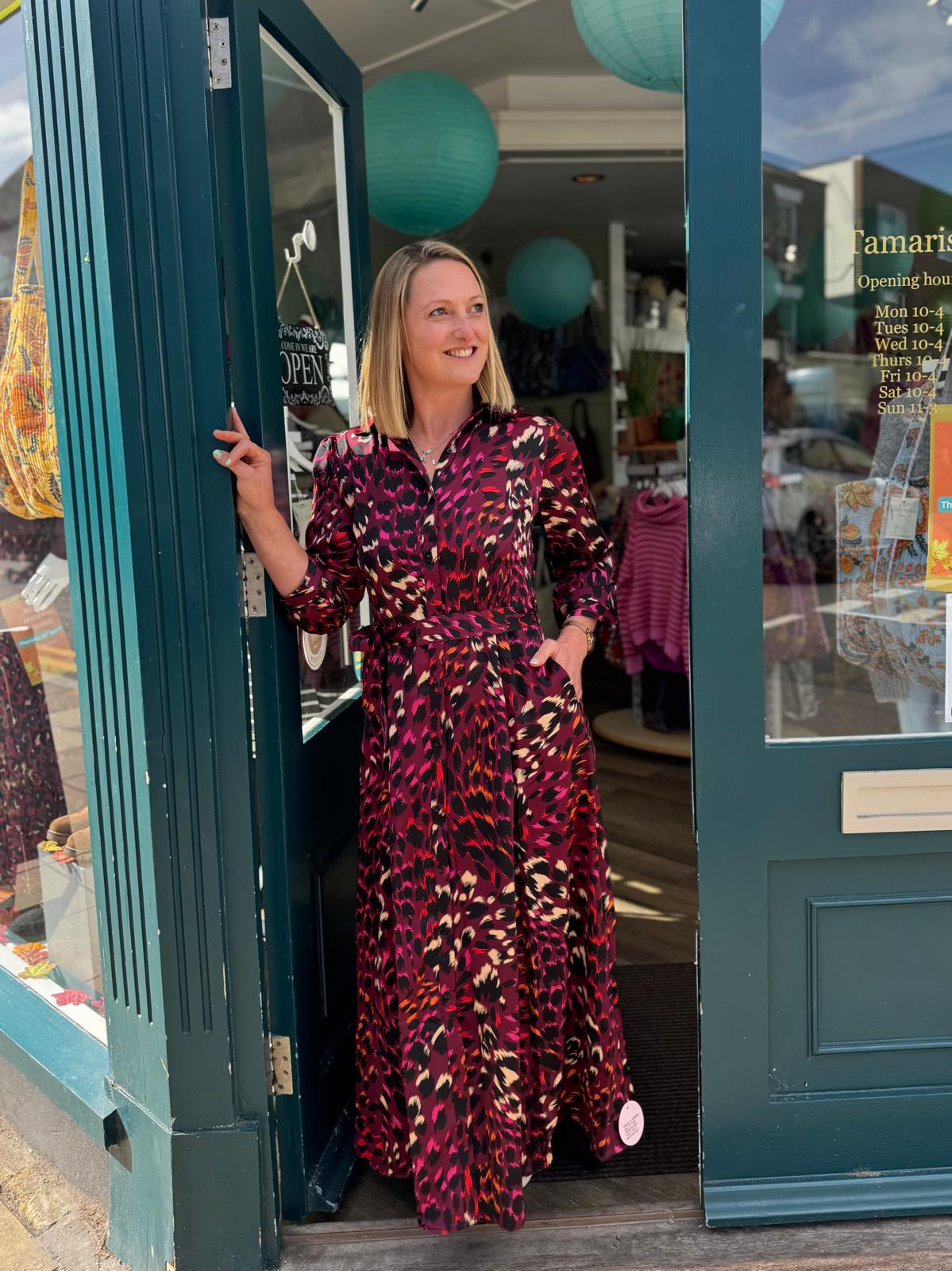 Candice Fuchsia & Berry Toned Animal Print Satin Maxi Shirt Dress