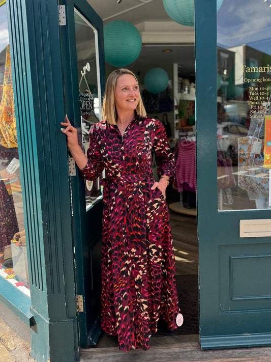 Candice Fuchsia & Berry Toned Animal Print Satin Maxi Shirt Dress