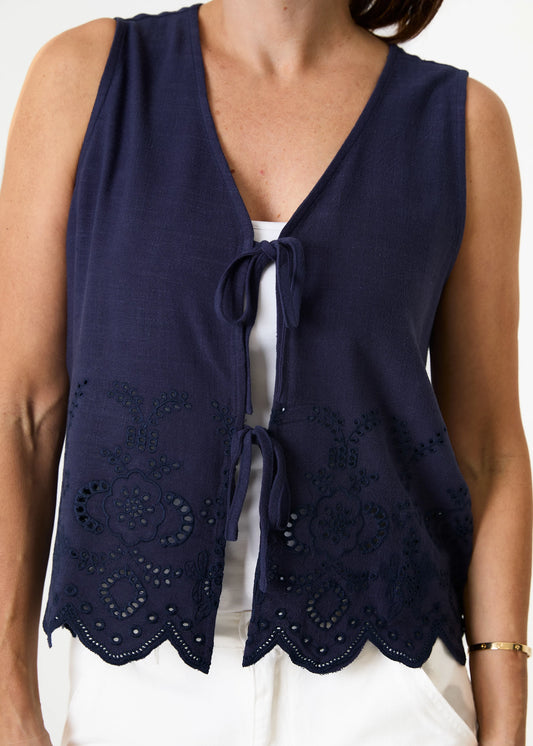 Quinn Broiderie Anglaise Tie Front Waistcoat/ Sleeveless Blouse