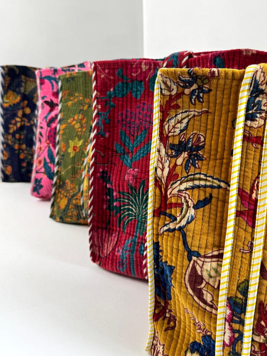 Velvet Kantha Quilted Tote Bag - Autumnal Floral Print - 4 Colours