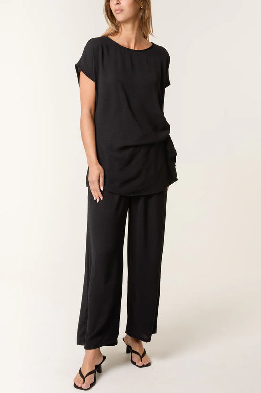Suzanne Plain Black Co-Ord Set - Side Tie Top & Wide Leg Trousers