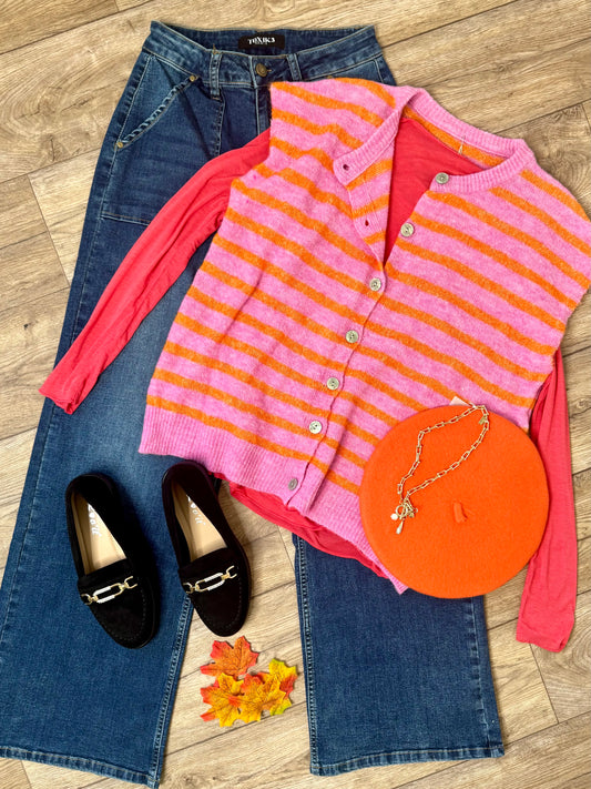 Nina Wool Blend Pink & Orange Striped Waistcoat/Sweater Vest