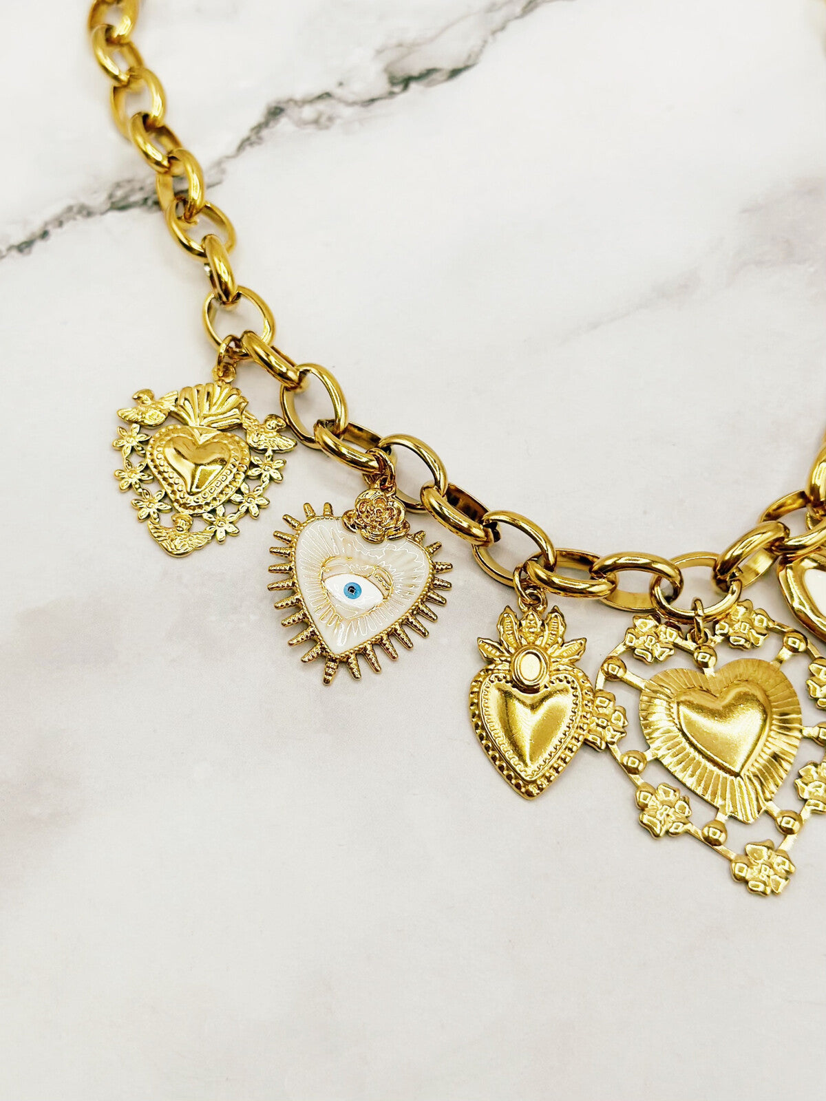 Chunky Gold Sacred Heart Style Charm Necklace