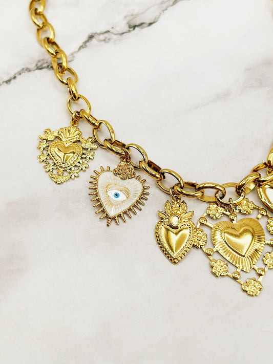 Chunky Gold Sacred Heart Style Charm Necklace