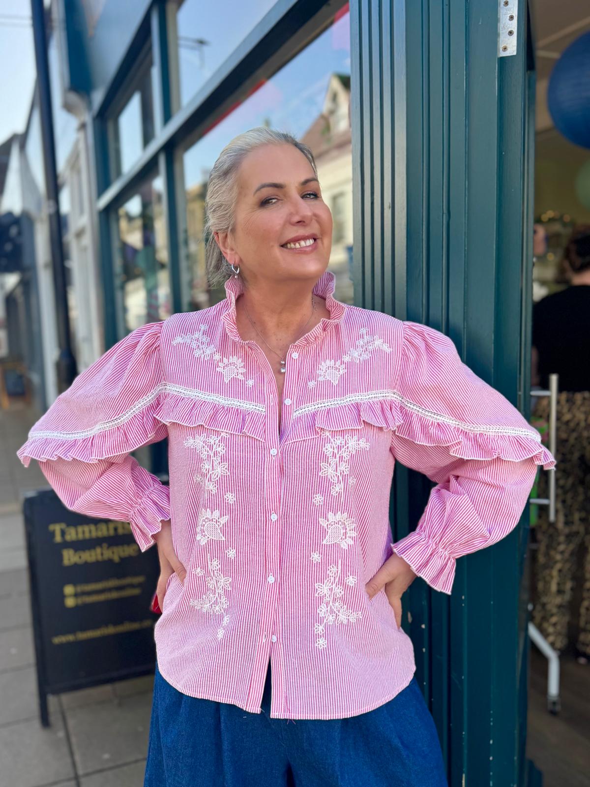 pink & white stripe frill blouse 