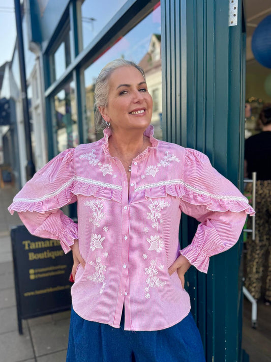 pink & white stripe frill blouse 