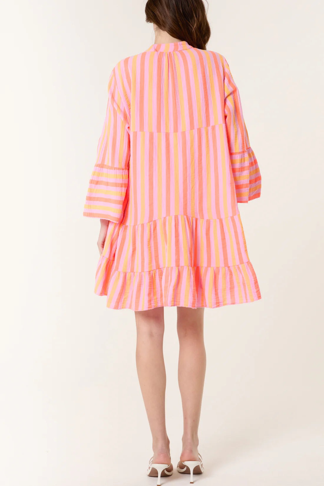 Bryony Orange, Pink& Yellow Striped Seersucker Cotton Short Tiered Dress