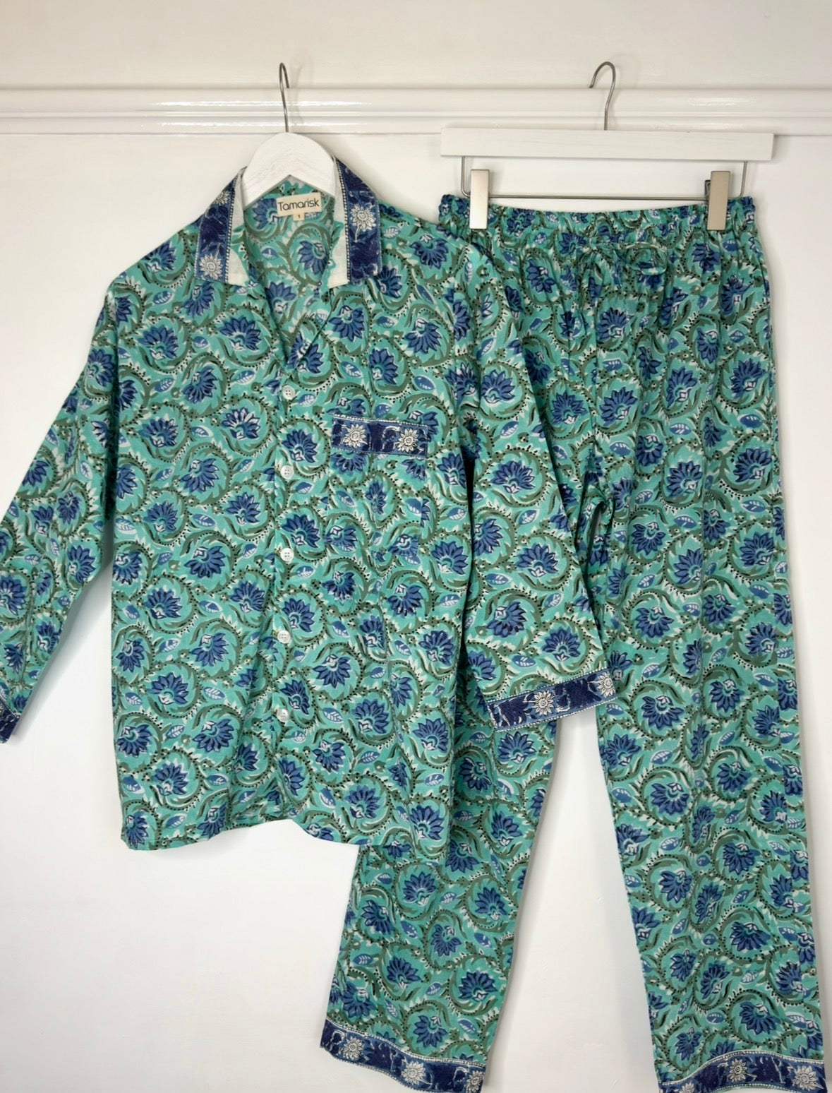 Tamarisk Bazaar Luxury Hand Printed Indian Cotton Pyjamas - Blue & Green Floral
