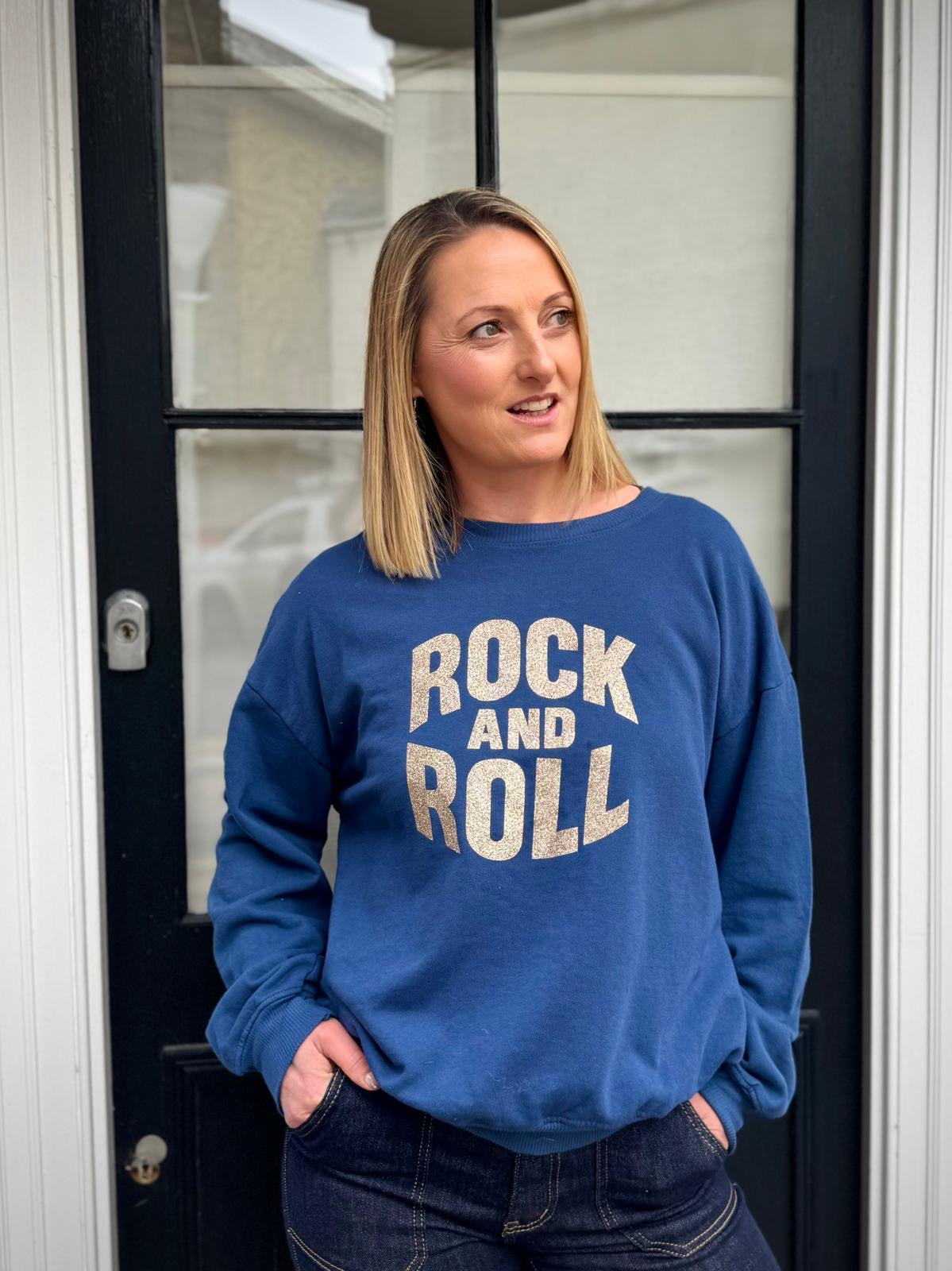 Rock & Roll Glitter Graphic Sweatshirt - Denim Blue Or Black