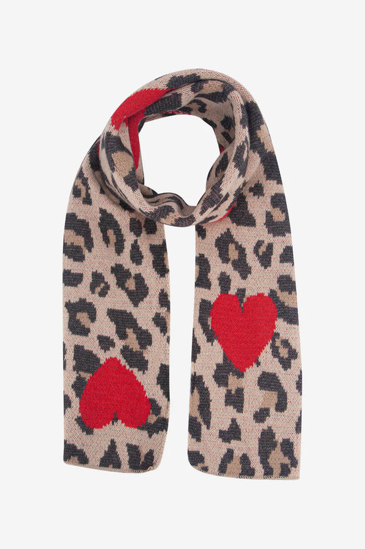 Neutral Leopard Print Knitted Scarf With Red Hearts