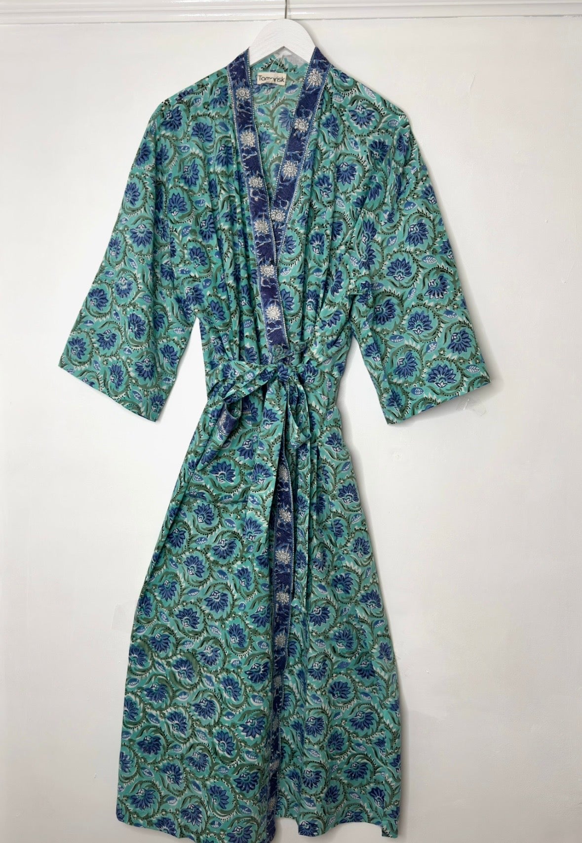 Tamarisk Bazaar Luxury Hand-Block Printed Indian Cotton Dressing Gown Robe - Blue & Green