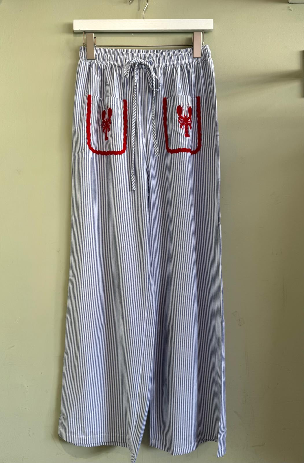 Blue Striped Wide Leg Trousers With Embroidered Lobster Details