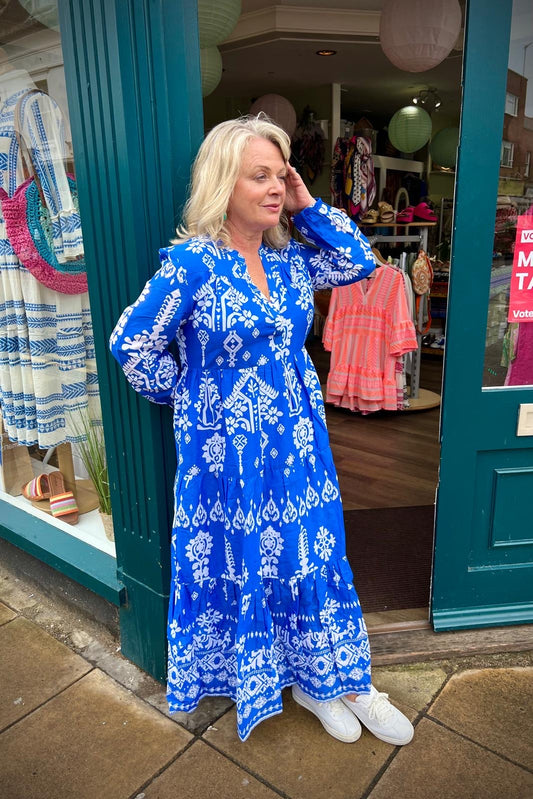 Tamsin Cotton Lawn Tiered Loose Maxi Dress - Cobalt Blue & White Paisley