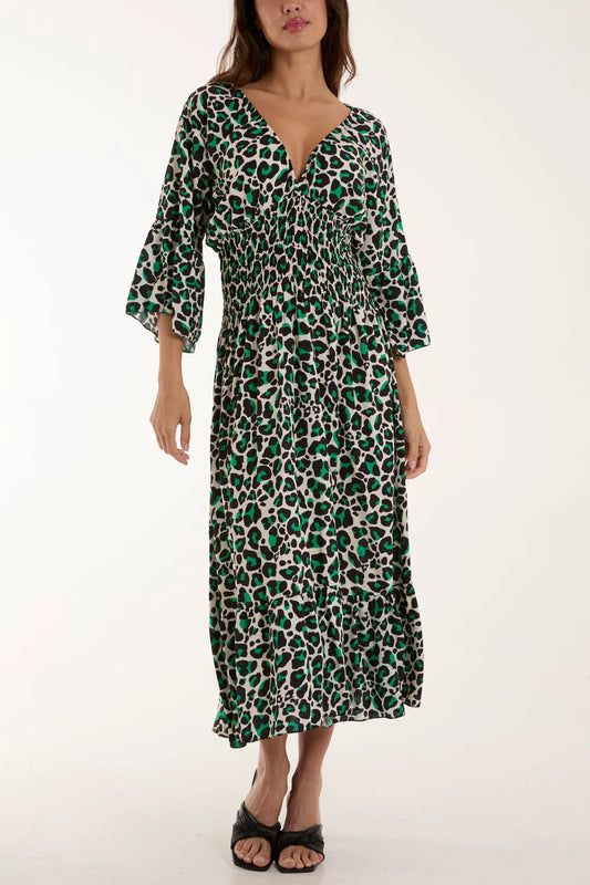Suranne Shirred Waist Leopard Print Midi Dress - Green