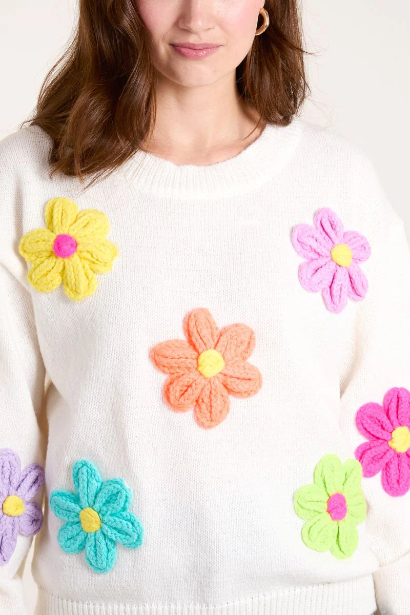 Cream Crew Neck Jumper With Chunky Multicolour Crocheted Appliqué Flowers