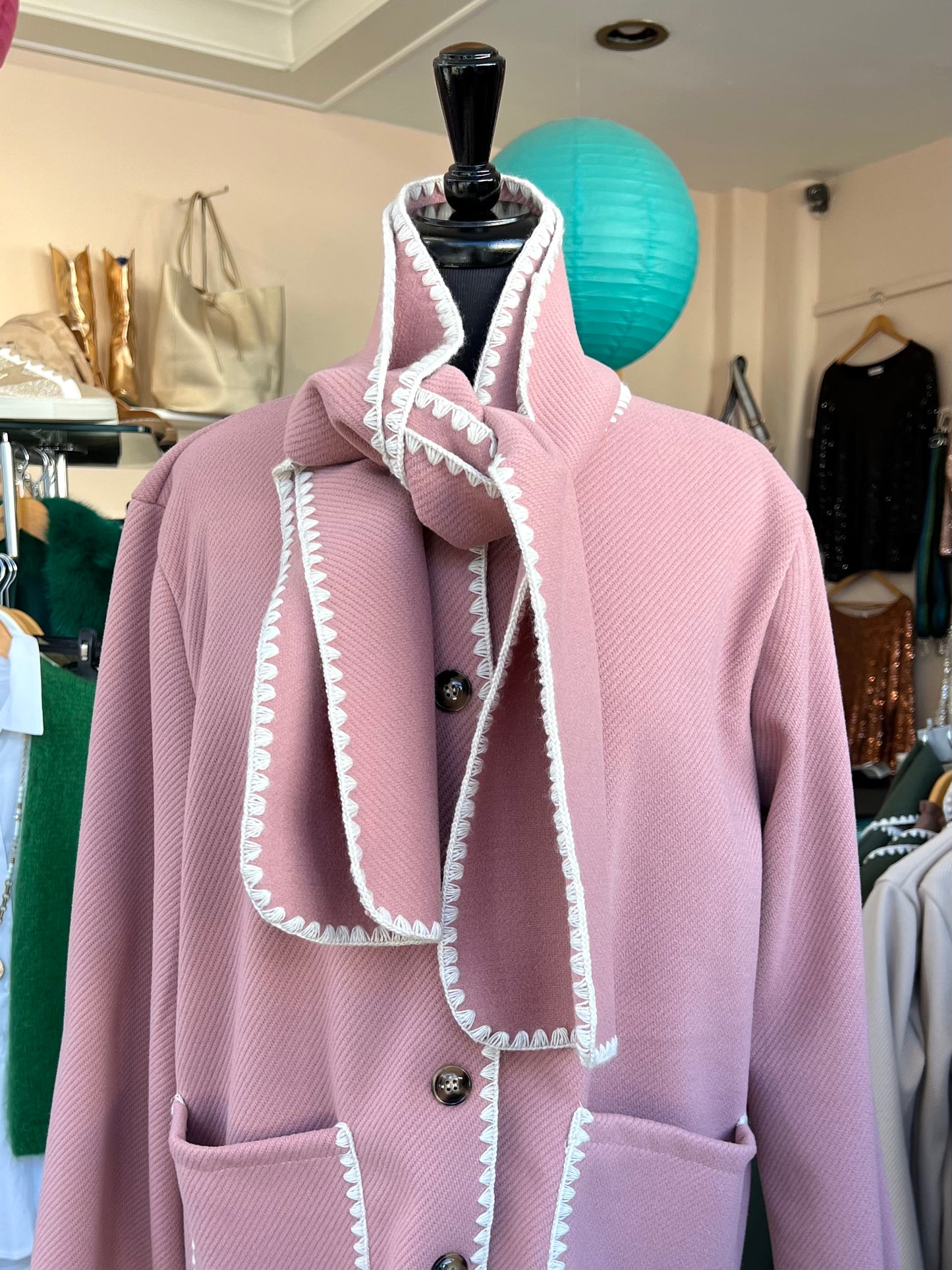 Liselle Contrast Stitch Jacket With Scarf - Blush Pink
