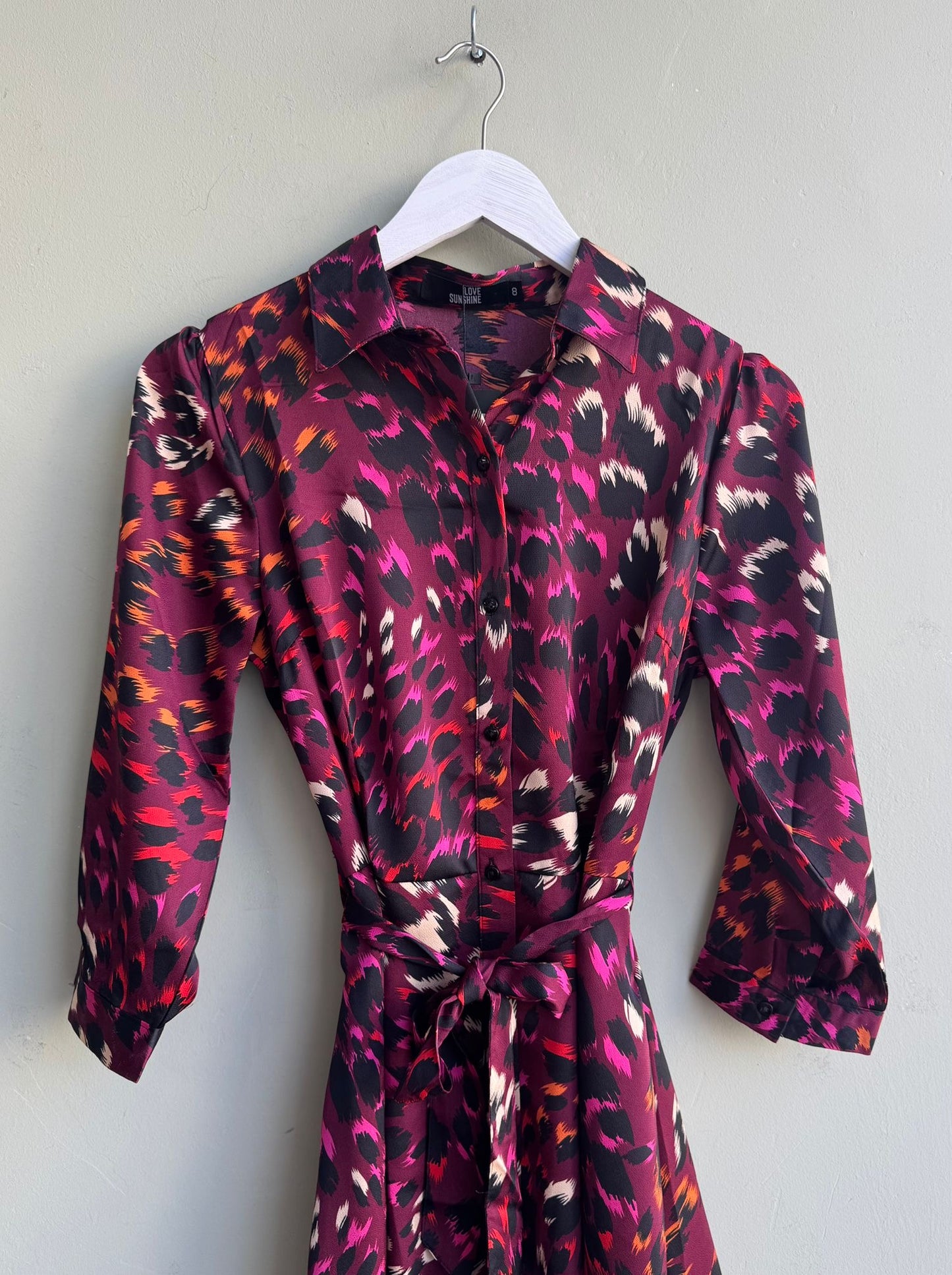 Candice Fuchsia & Berry Toned Animal Print Satin Maxi Shirt Dress