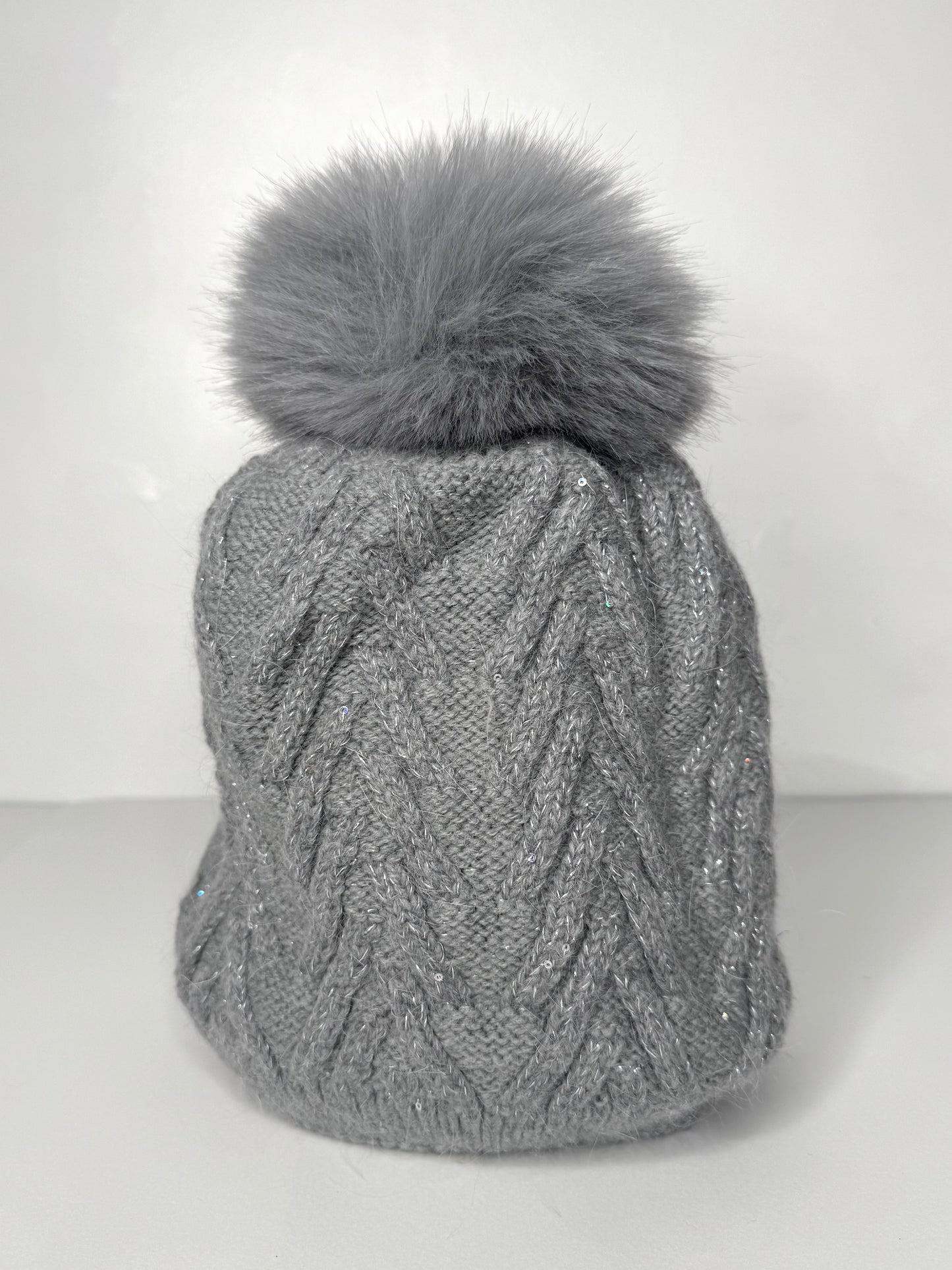 Sinead Muted Pastel Wool Blend Cable Knit Faux Fur Pom Pom Hat - Subtle Sequin Trim - Pastel Blue, Soft Grey, Soft Taupe