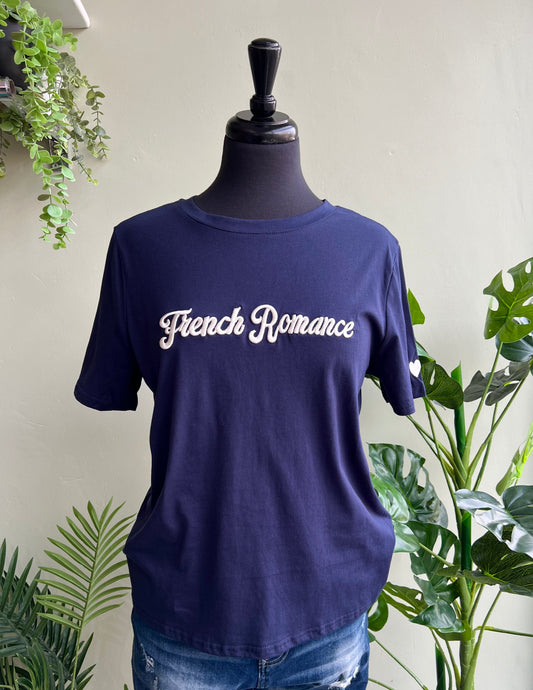 Navy Blue French Romance Slogan T-Shirt