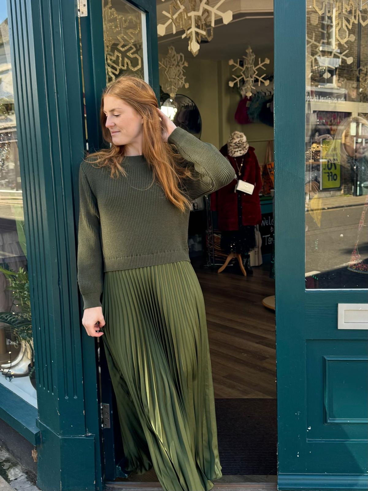 2 part jumper dress with pleated skirt green 