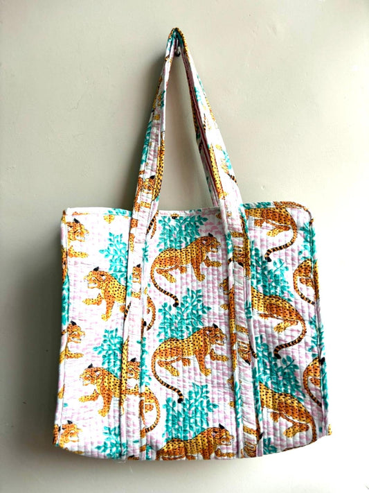 Kantha Bag With Leopard Print On Pink & Green Background & Striped Lining