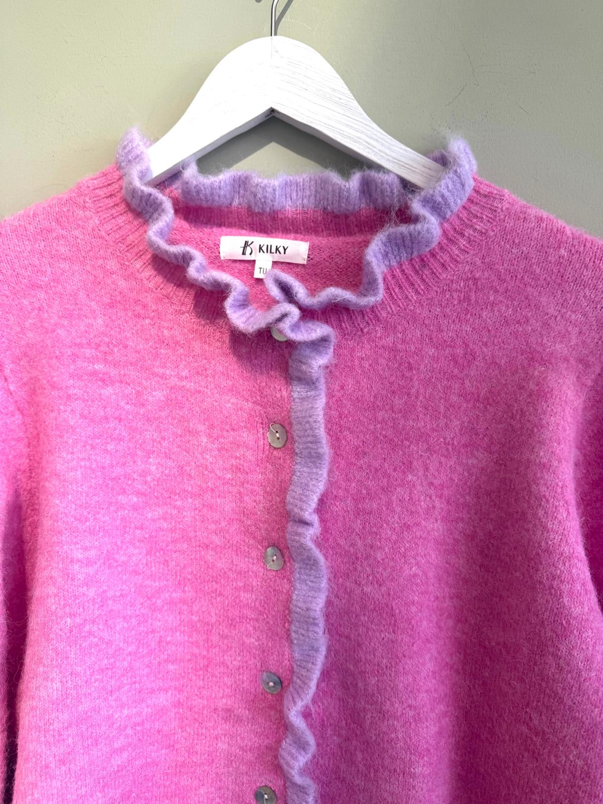 Amelia Piecrust Collar Ruffle Trim Wool Blend Cardigan - Rose Pink & Lilac