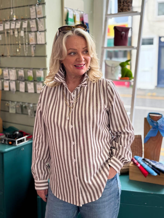 Lila Brown & White Striped Blouse With Pie Crust Collar