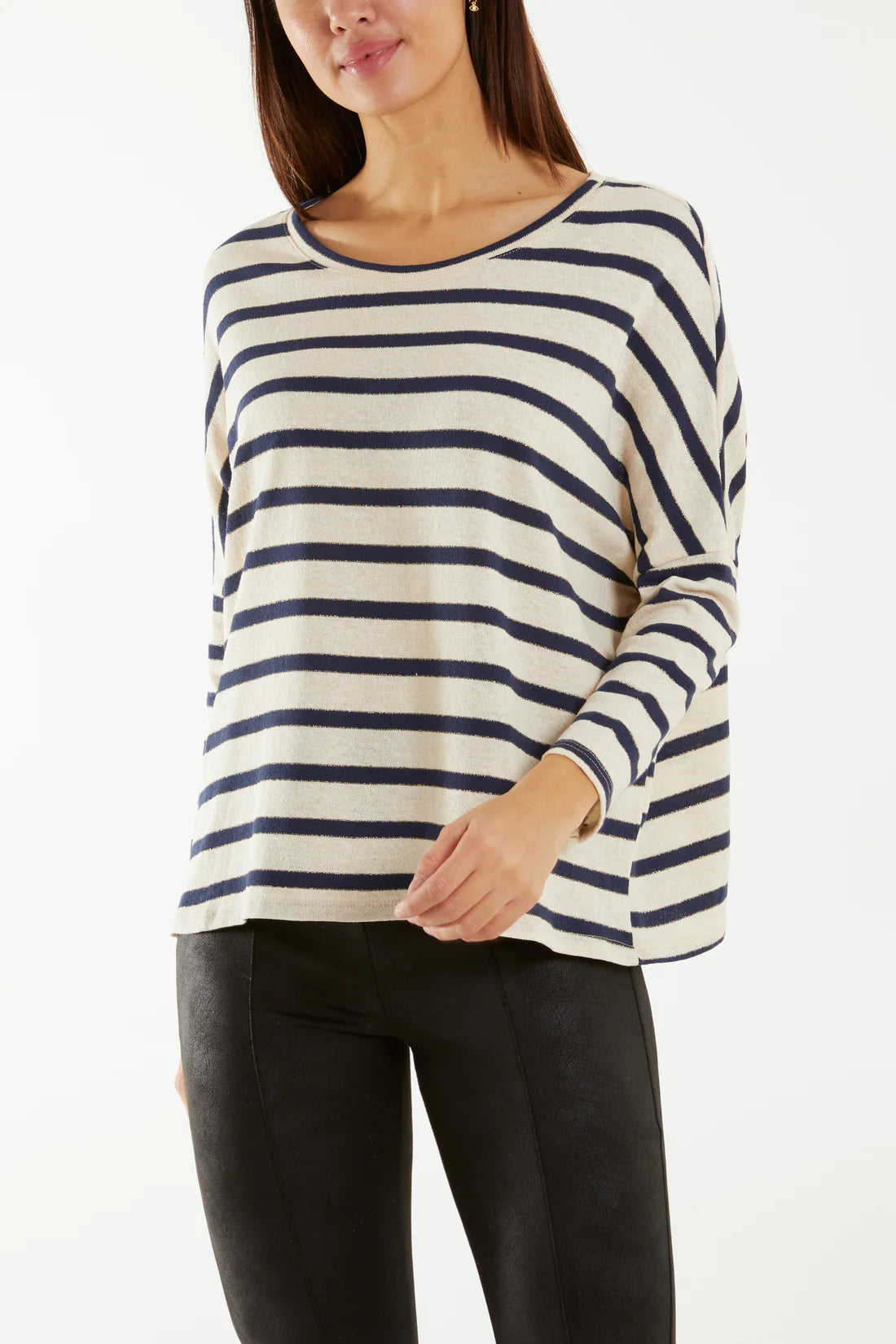 Fine Cotton Blend Striped Long Sleeve T-Shirt - Navy 