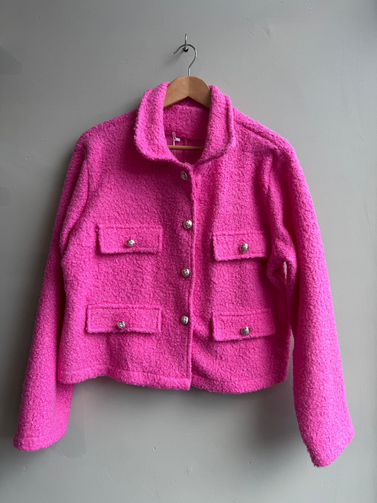 boucle shirt collar short jacket with silver buttons - barbie pink 