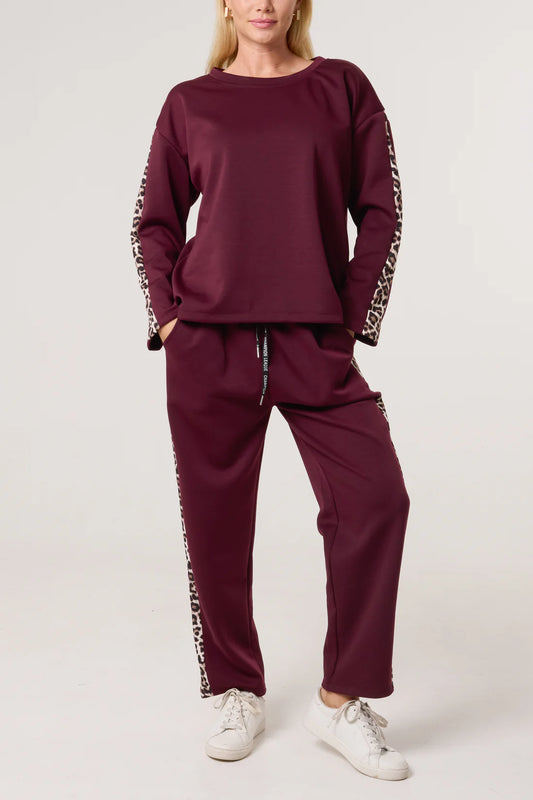 Tania Leopard Print Side Stripe Trim Tracksuit Co-Ord - Khaki Or Chocolate Brown