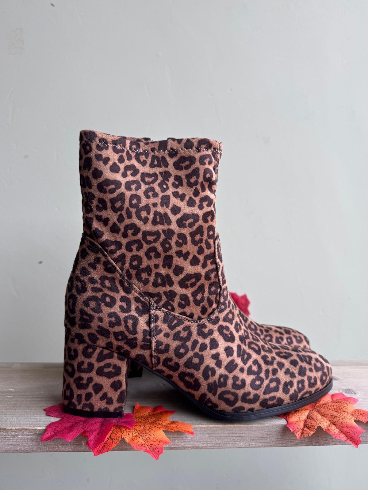 Leopard Print Block Heel Faux Suede Ankle Boots