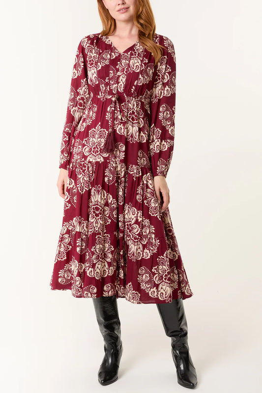 Chloe Empire Line Long Sleeve Midi Dress - Black Or Burgundy Floral Print