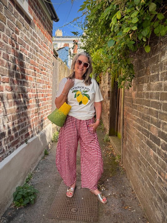 Jessie Red Gingham Pull-On Barrel Trousers