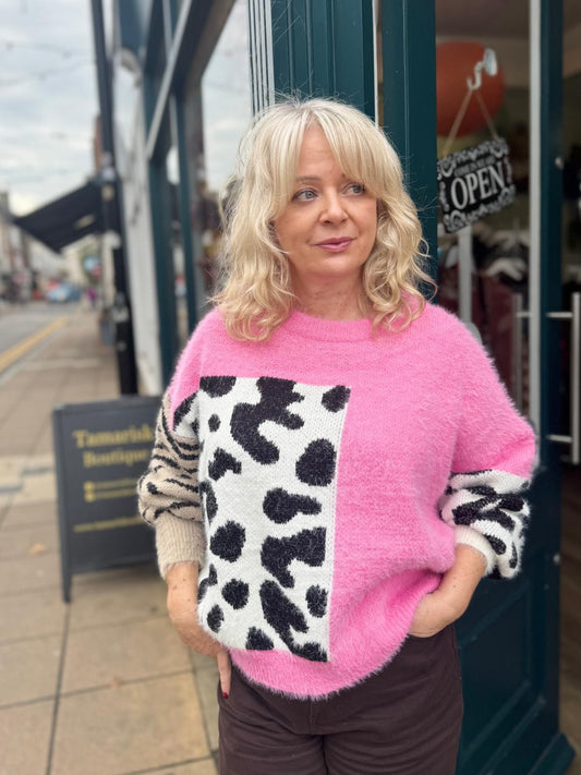 Samantha Tiger & Cow Print Super Fluffy Jumper - Pink or Orange