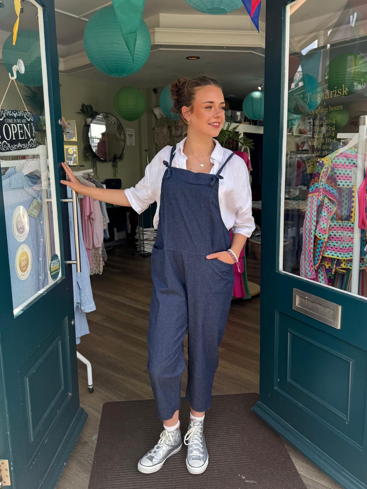 Pippa Denim Wash Cotton Dungarees With Knot Fastening - Dark Or Medium Wash